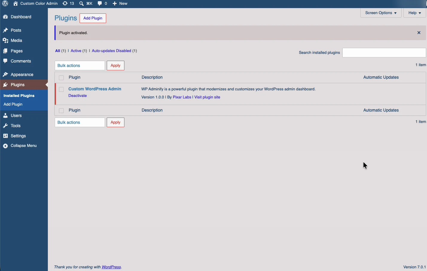 Custom WordPress Admin plugin activated in the WordPress plugins list with the new color scheme already applied
