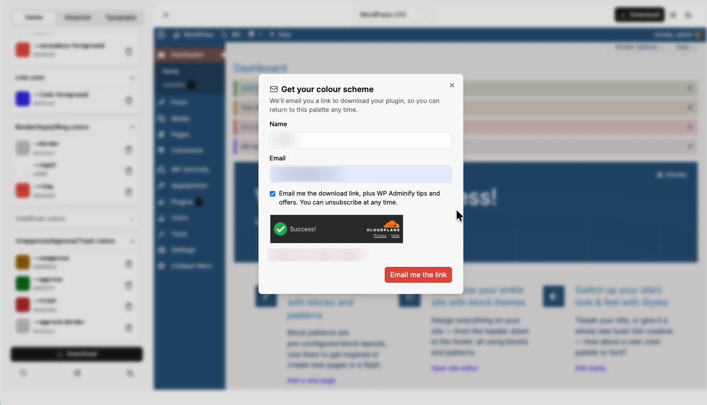 Get your colour scheme form asking for name and email before sending the WordPress admin colors plugin download link