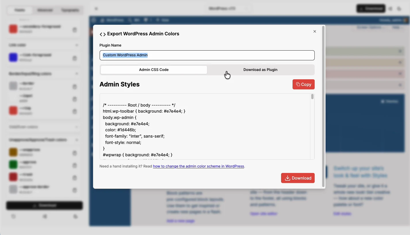 Export WordPress admin colors dialog with Admin CSS Code and Download as Plugin tabs showing the generated admin styles