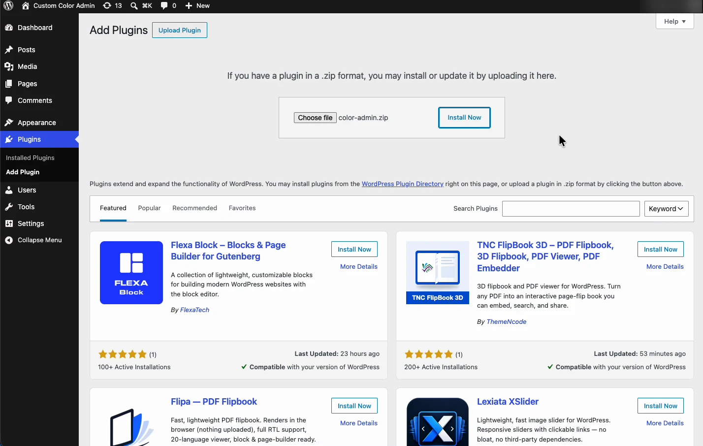 Uploading the color-admin.zip file on the WordPress Add Plugins screen with the Install Now button