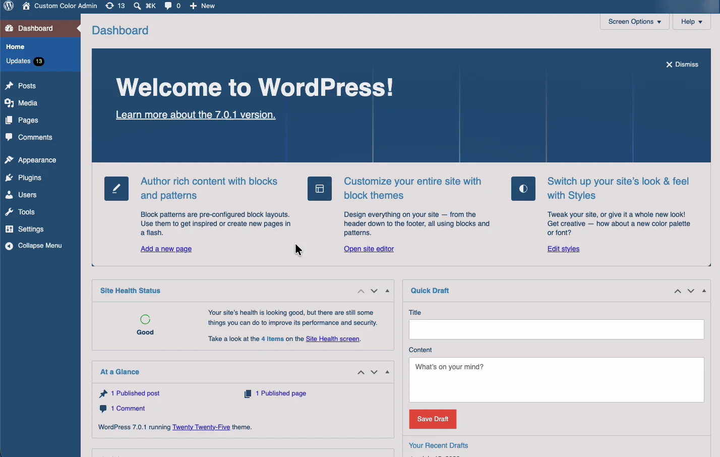 WordPress dashboard displaying the custom admin color scheme generated and installed as a plugin