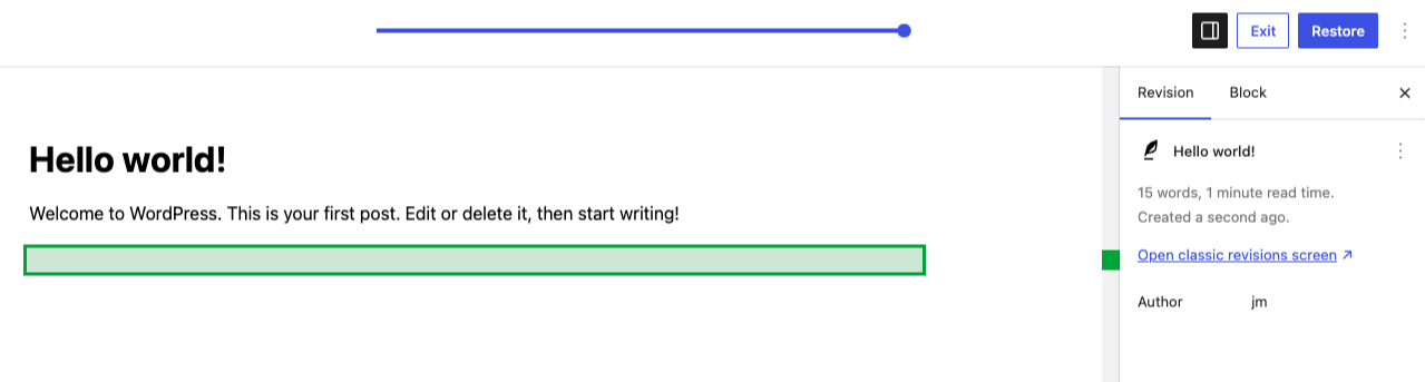 WordPress revisions comparison screen with the version slider at the top, added content highlighted in green, and the Restore and Exit buttons in the top corner