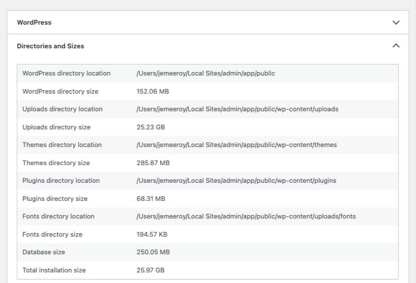 WordPress Site Health Directories and Sizes panel showing the uploads directory dominating total installation size