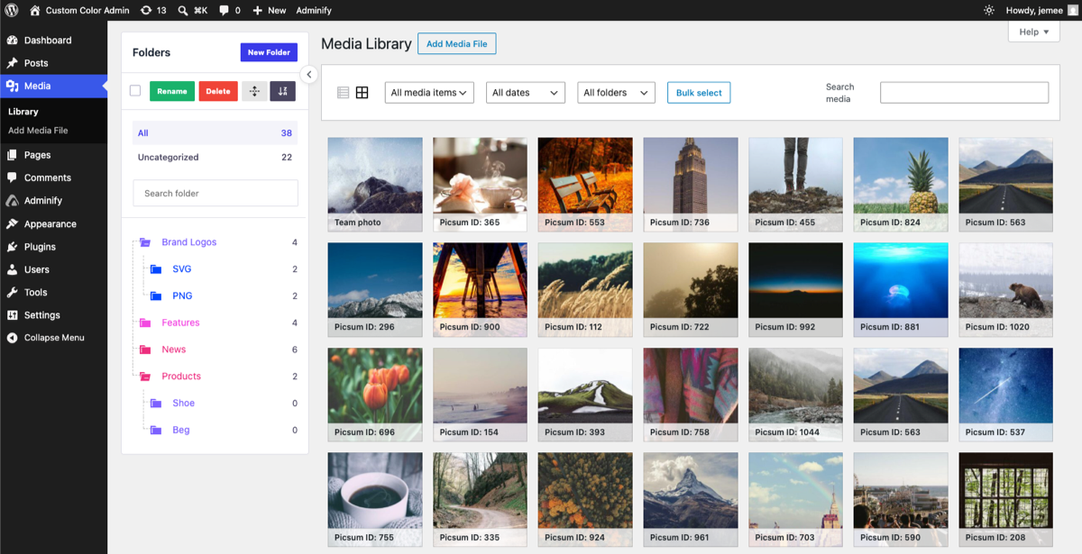 WordPress Media Library with a folder tree showing Brand Logos, Features, News and Products folders with nested subfolders and per-folder file counts