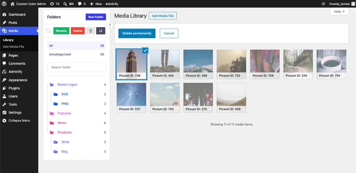Bulk select mode in the WordPress Media Library grid with the first image selected out of eleven results