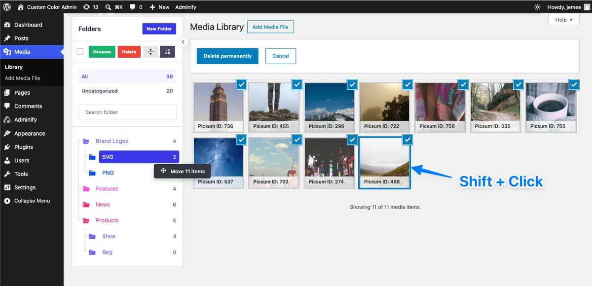 Shift-clicking the last image in the WordPress Media Library grid to select all eleven, then dragging them onto the SVG subfolder with a Move 11 items tooltip