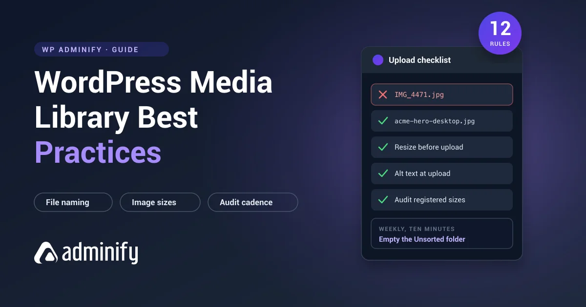 WordPress media library best practices - 12 rules shown as an upload checklist