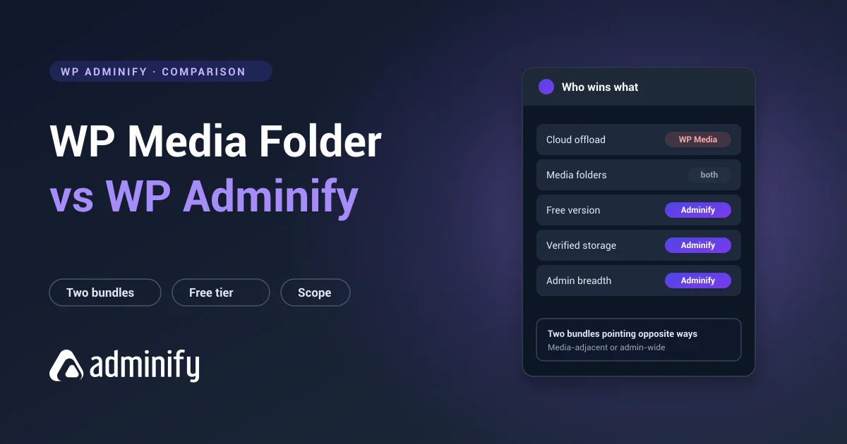 WP Media Folder vs WP Adminify scorecard - cloud offload, media folders, free version, verified storage and admin breadth