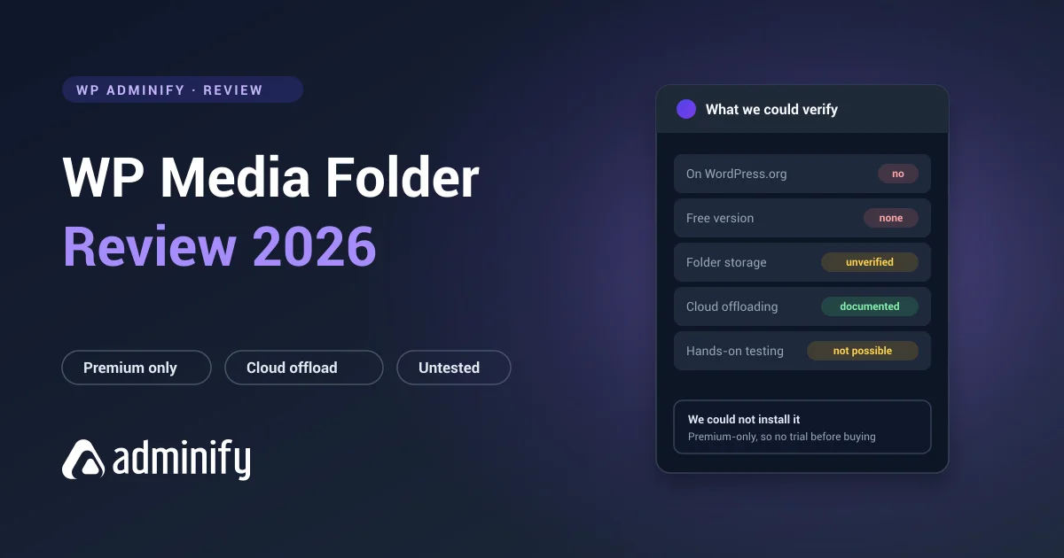WP Media Folder review scorecard - premium only, absent from WordPress.org, with an unverified folder storage model