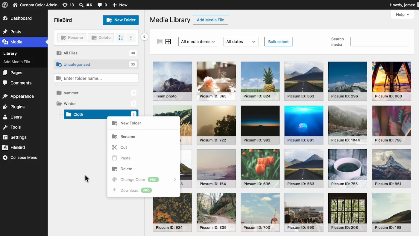 FileBird Lite folder tree in the WordPress Media Library with a nested subfolder and the right-click context menu open