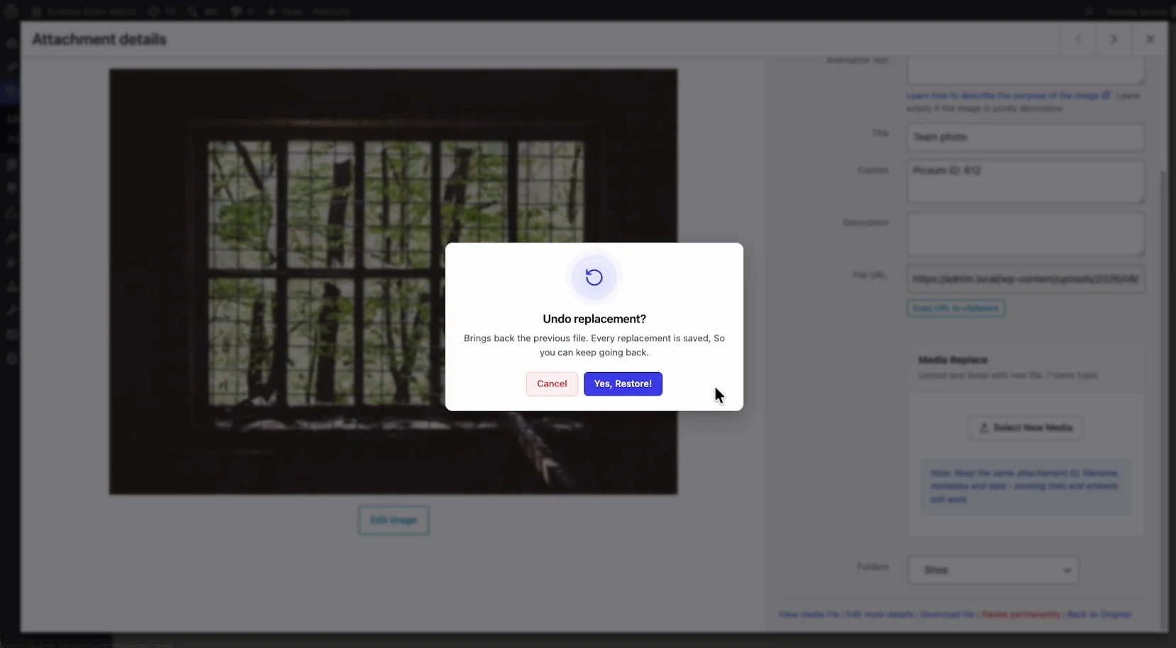 WP Adminify undo replacement dialog offering to restore the previous version of a replaced media file