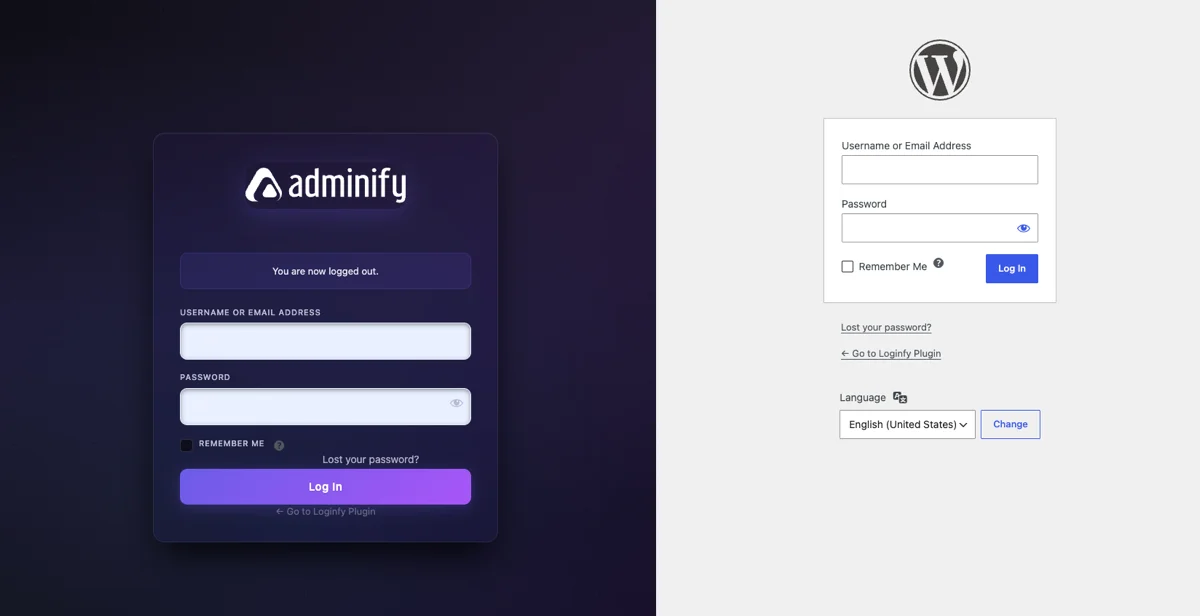 Default WordPress login form on the left beside the same form restyled with custom CSS on wp-login.php on the right