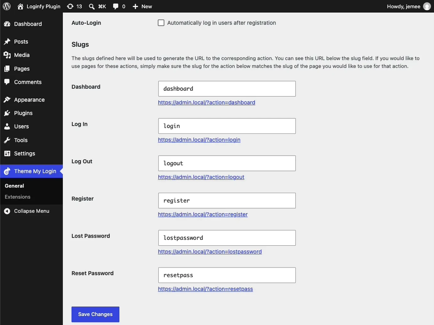 Theme My Login action slugs for register, lost password and reset password with their generated URLs