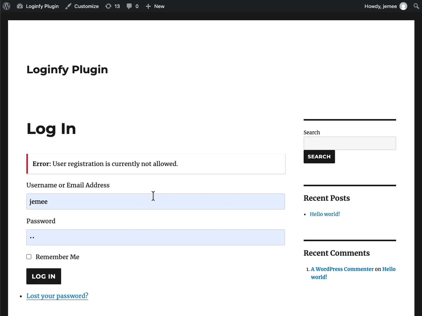 Theme My Login rendering a login form inside the active WordPress theme with site header and sidebar visible