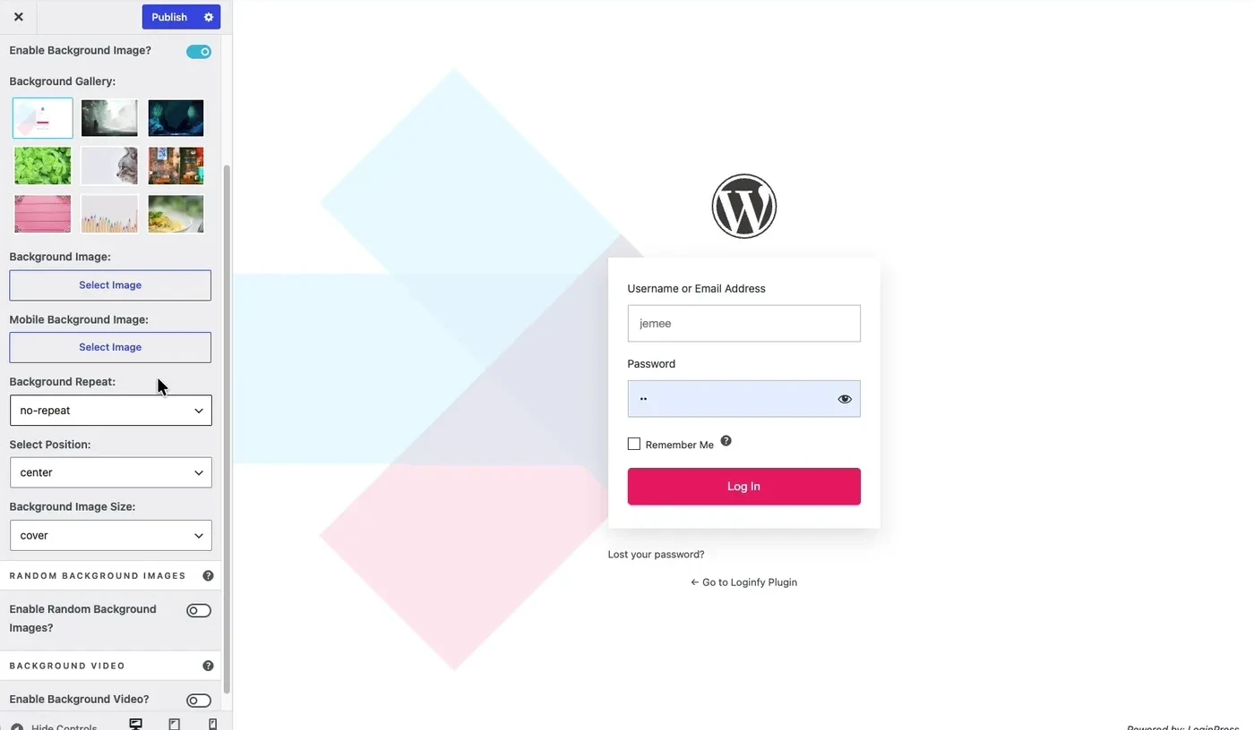 LoginPress background panel showing background colour, a background gallery, background image, mobile background image, repeat, position and size