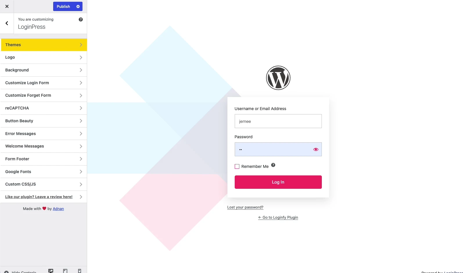 LoginPress button styling panel with colour, border colour, hover colours, box shadow, text colour, size and padding controls