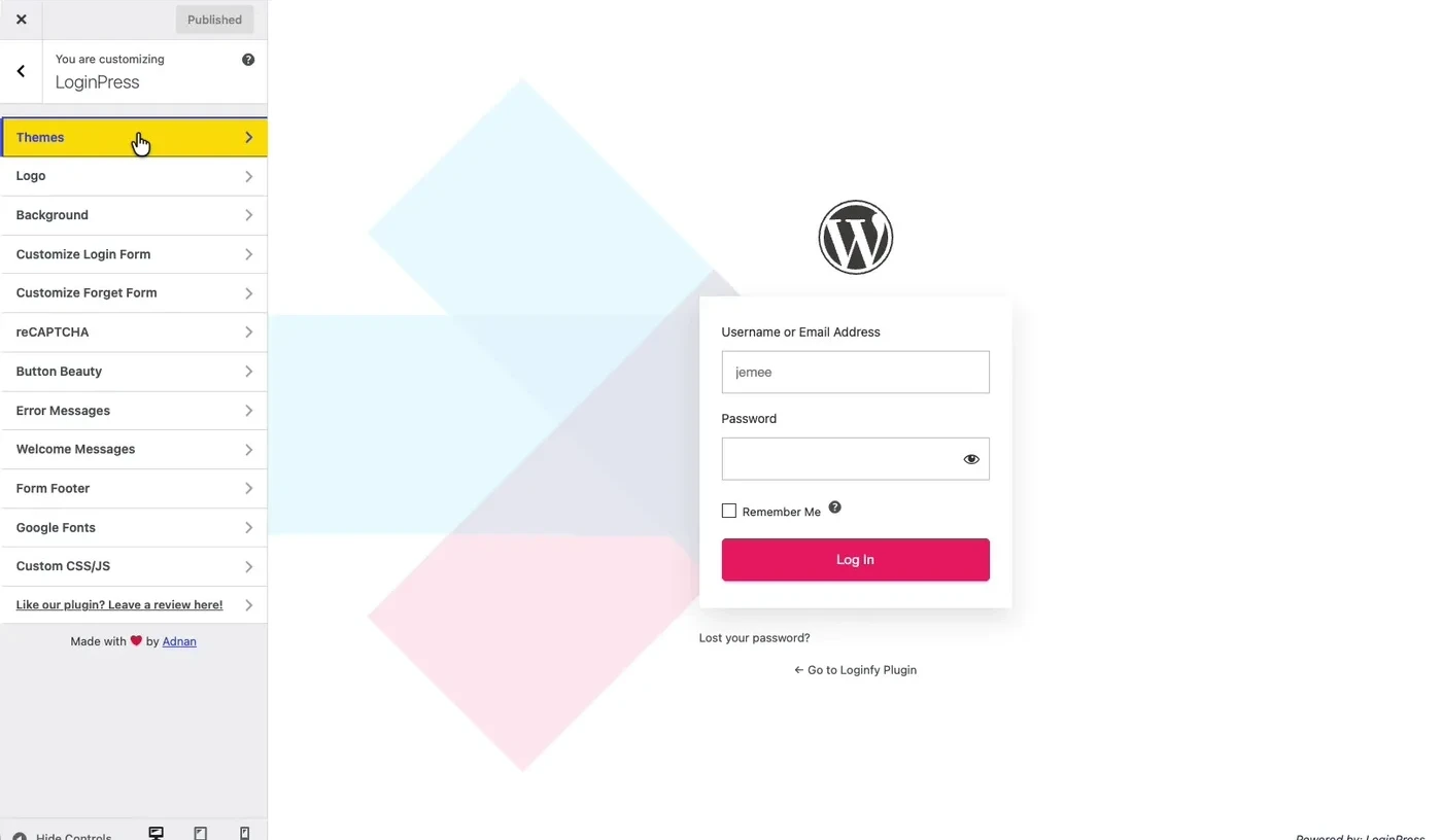 LoginPress free customizer sidebar listing Themes, Logo, Background, Customize Login Form, Customize Forget Form, reCAPTCHA, Button Beauty, Error Messages, Welcome Messages, Form Footer, Google Fonts and Custom CSS/JS