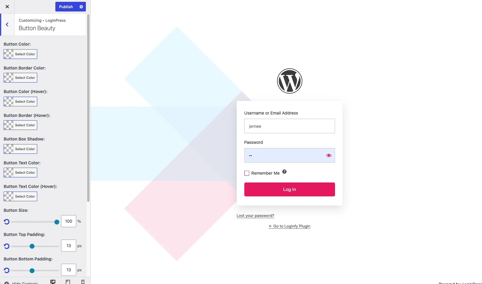 LoginPress preview showing the styled lost password form with its own background colour applied