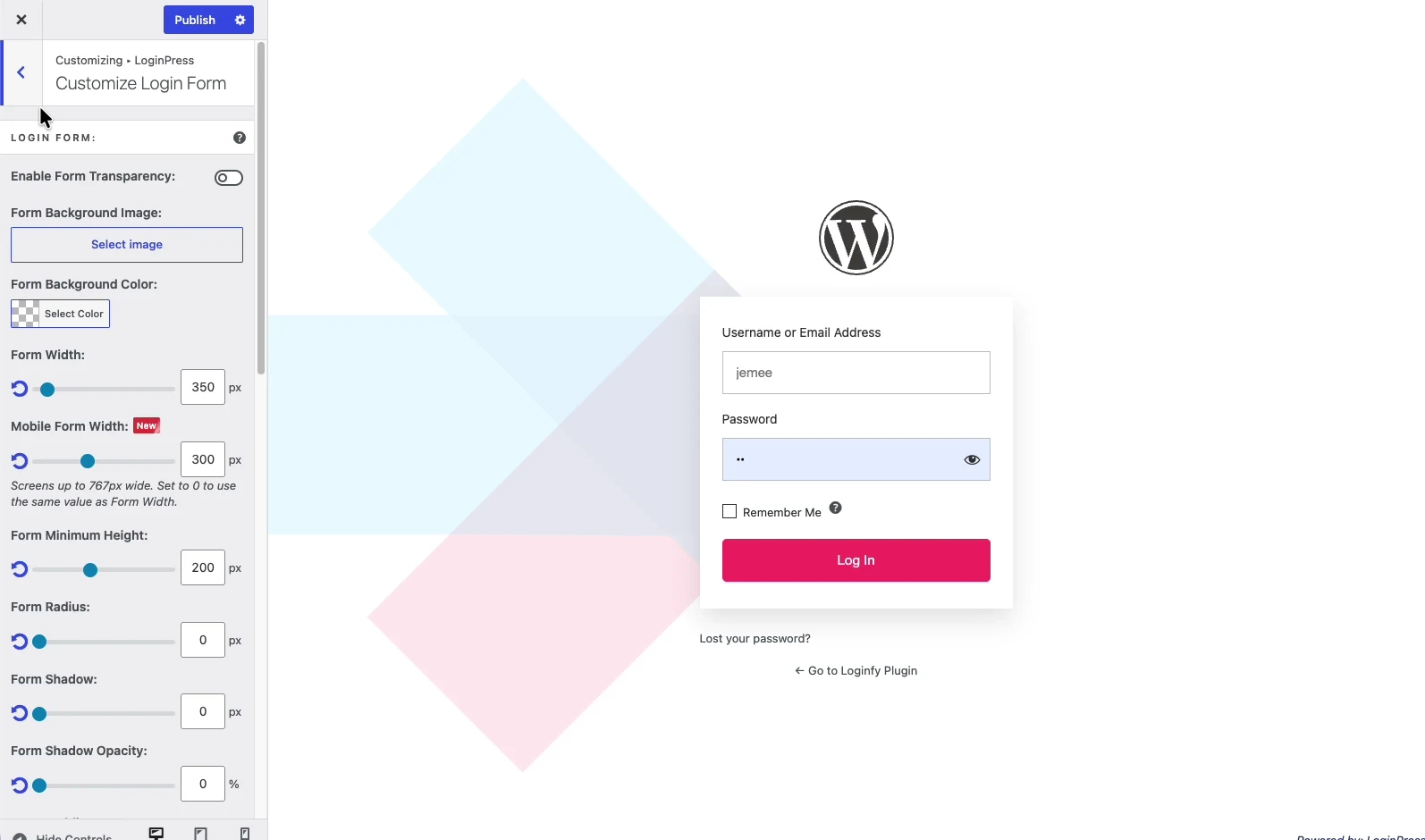 LoginPress login form panel with transparency, background, width, mobile width, minimum height, radius and shadow controls