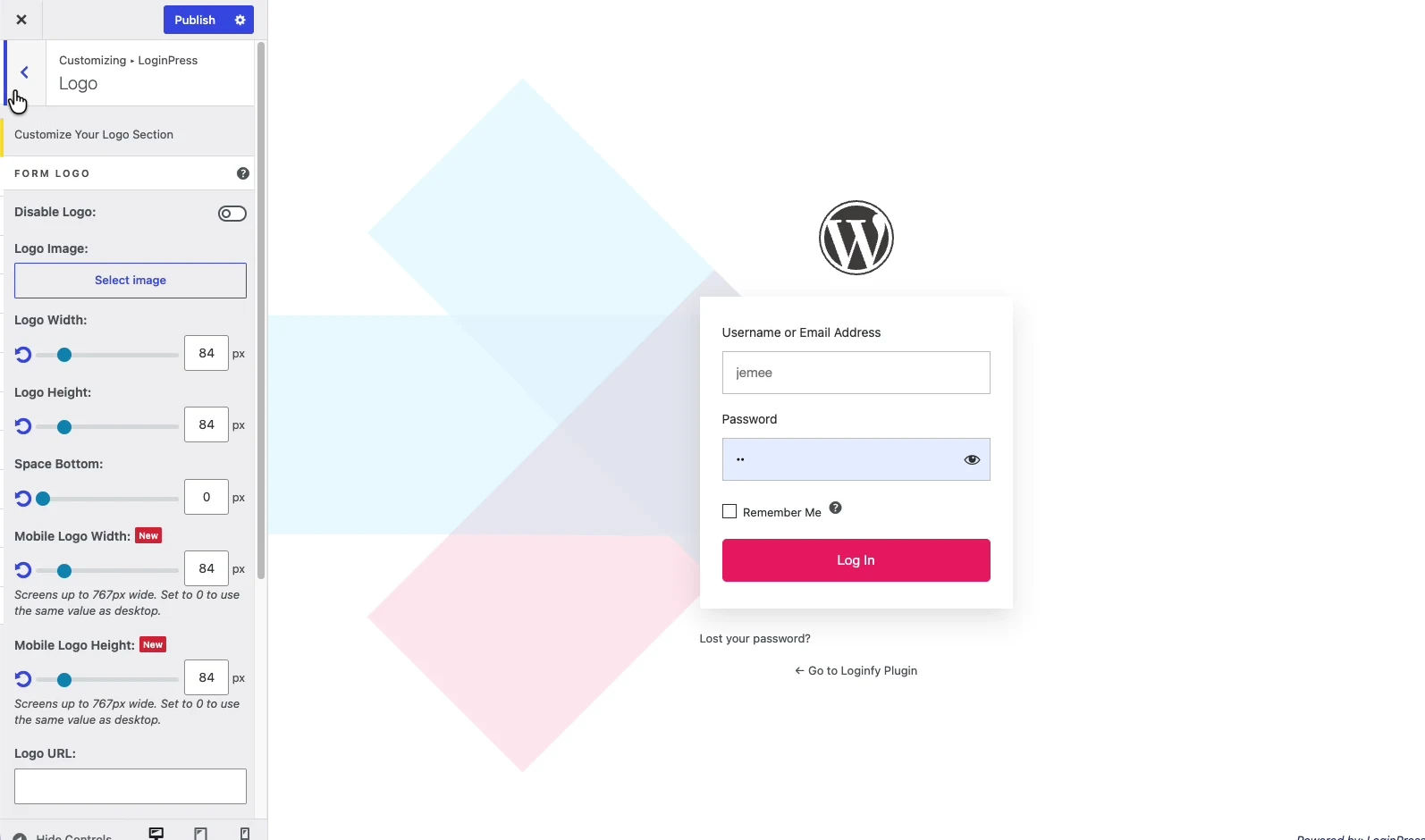 LoginPress logo section with logo image, width, height, space bottom, mobile logo width and mobile logo height controls