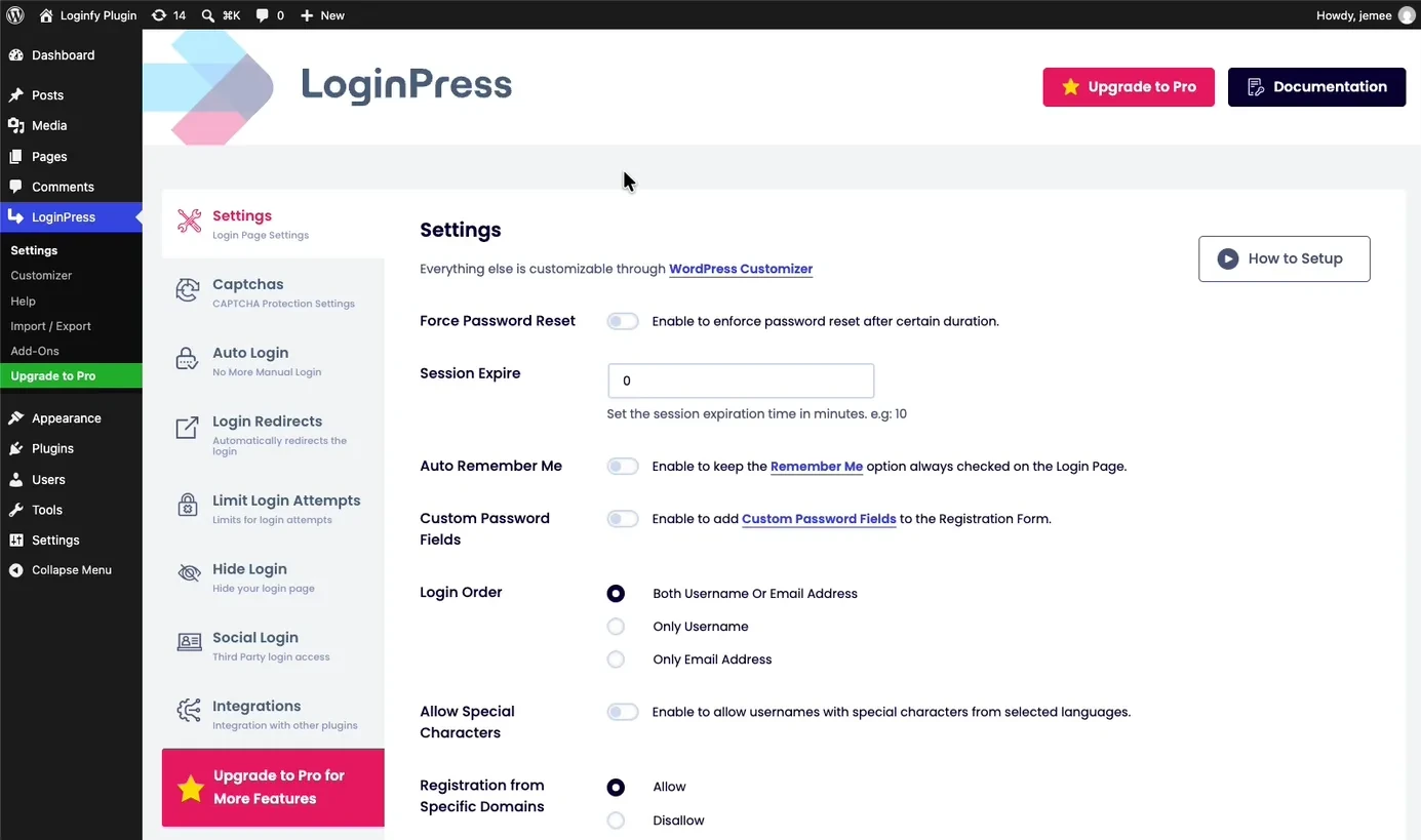 LoginPress settings screen listing Captchas, Auto Login, Login Redirects, Limit Login Attempts, Hide Login, Social Login and Integrations as premium add-ons