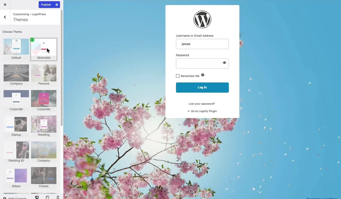 LoginPress themes panel showing a grid of login page themes with most of them greyed out