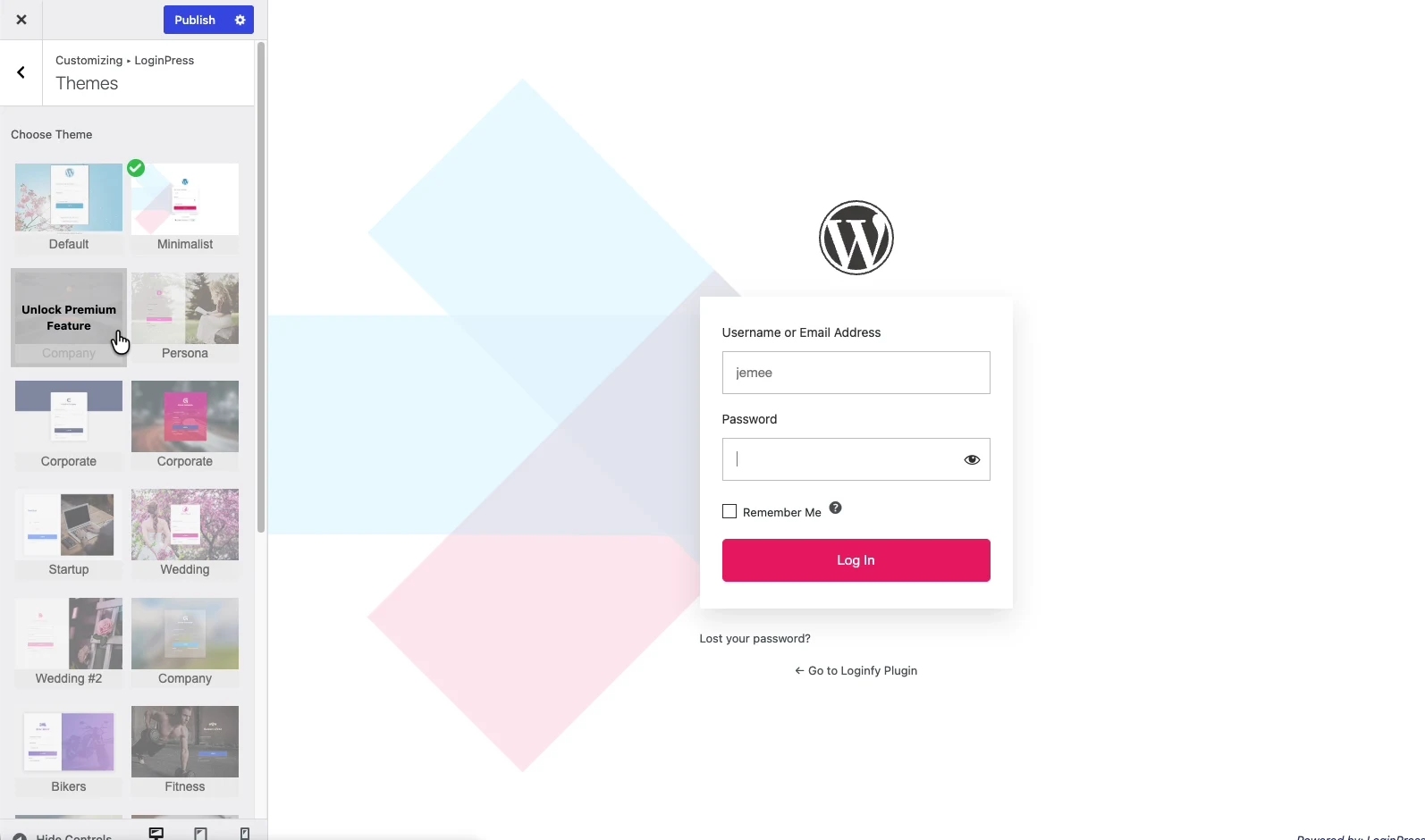 LoginPress theme grid with premium tiles greyed out and an Unlock Premium Feature prompt