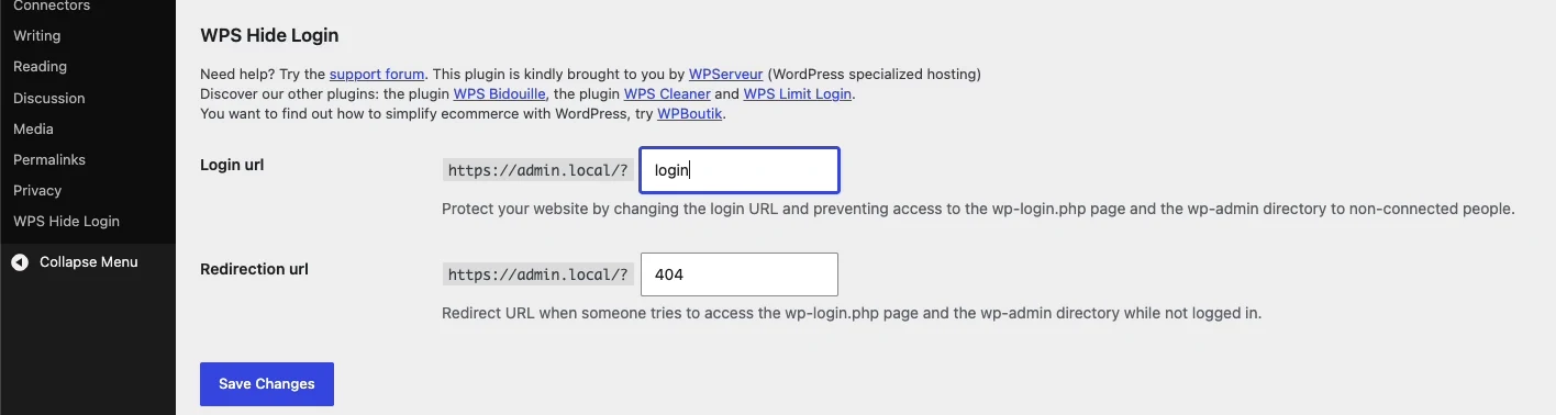 The WPS Hide Login section at the bottom of WordPress Settings General, containing a Login url field, a Redirection url field and a Save Changes button