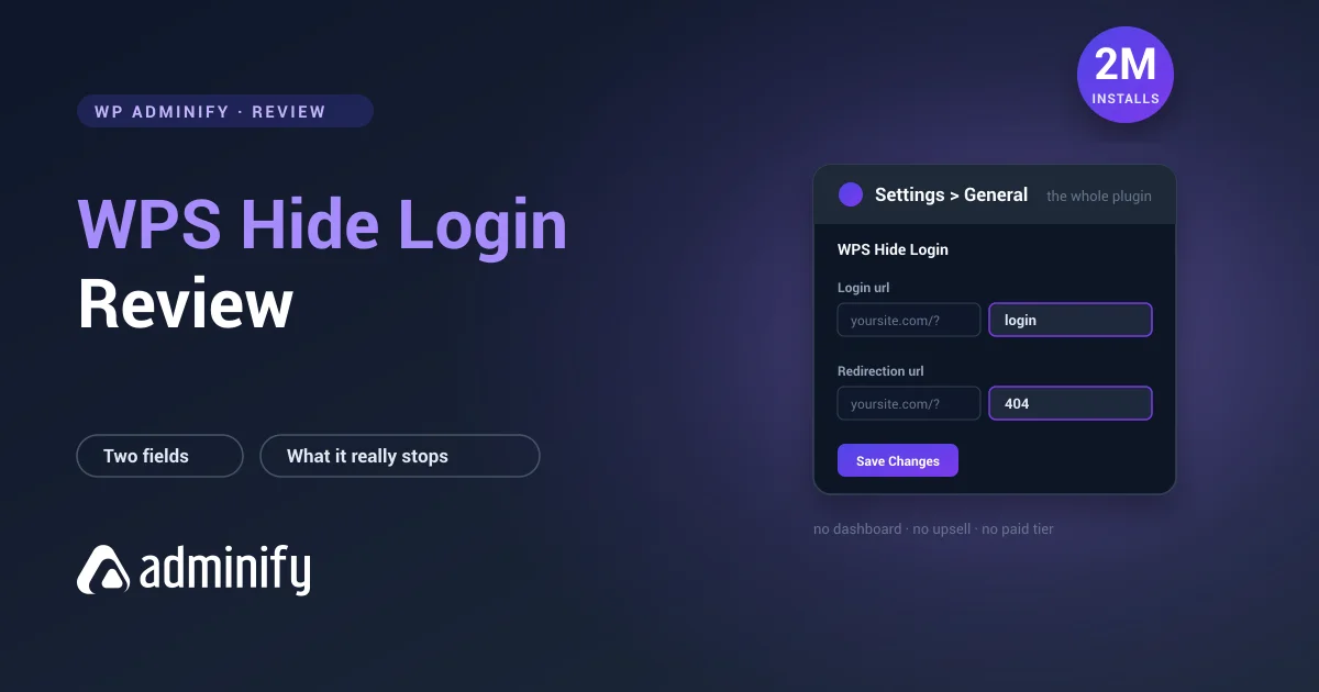 WPS Hide Login review featured image, showing the plugin's Settings General panel with a custom login URL field and a 404 redirection URL