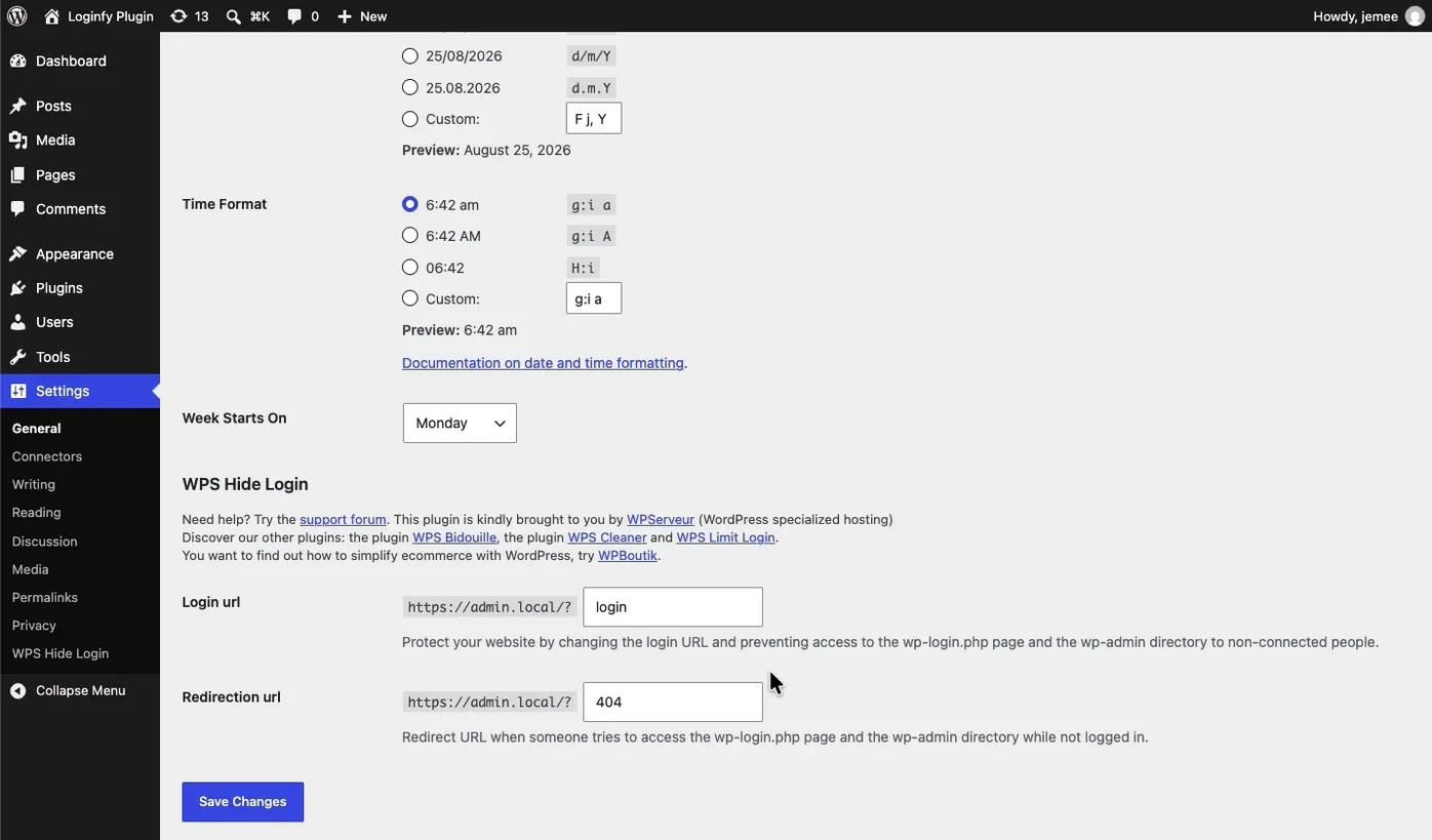 WordPress Settings General screen with the WPS Hide Login section visible at the bottom and a WPS Hide Login entry in the Settings submenu