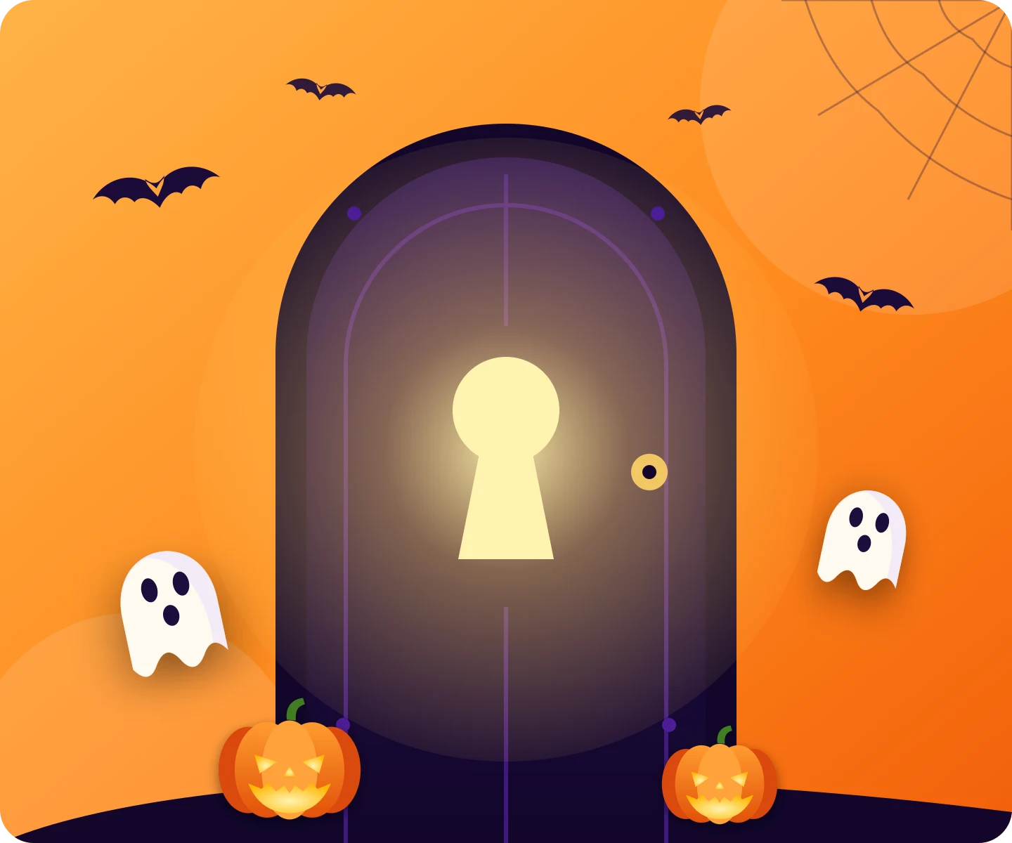 Loginfy Halloween 2026 artwork: a locked arched door with a glowing keyhole, ghosts, bats and pumpkins